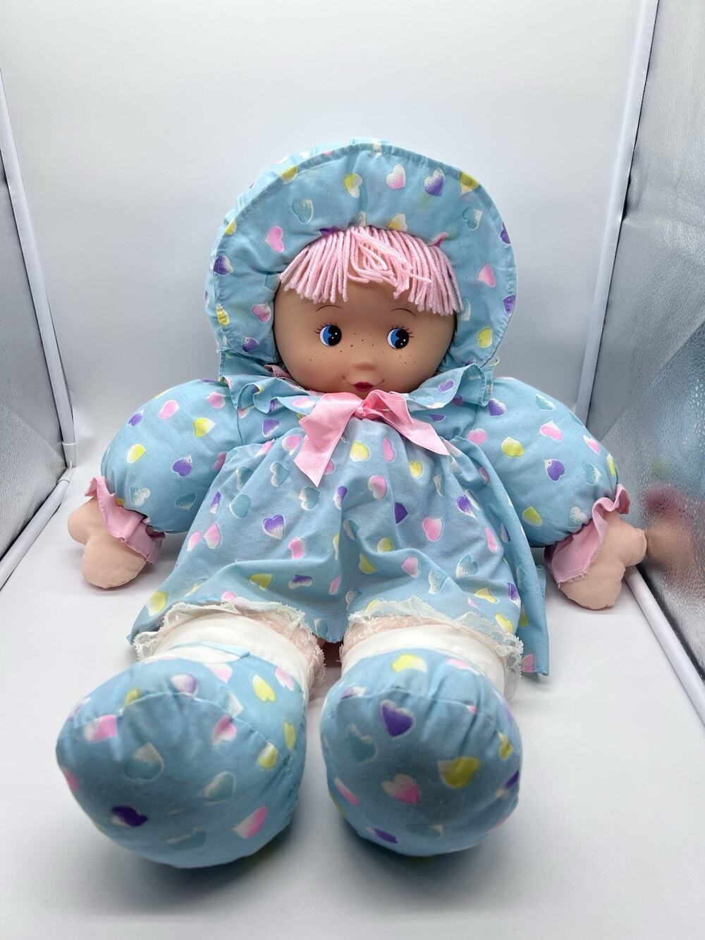 Vintage Cuddle Wit Cloth Rag Doll Blue Hearts Plush Stuffed Girl 23” HTF